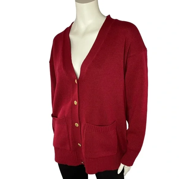 Vintage Oversized Slouchy Knit V Neck Cardigan Sweater Academia Burgandy Red - Picture 2 of 13